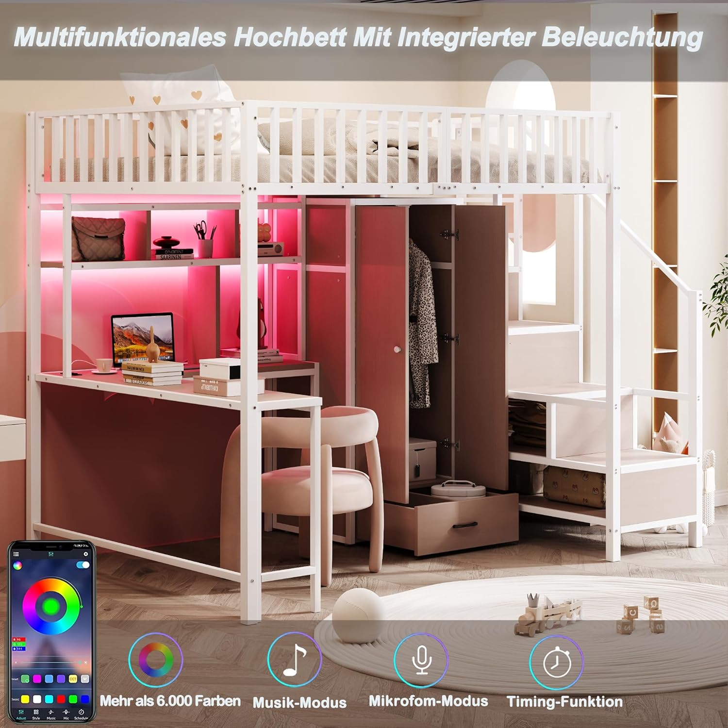 Merax Metall Hochbett 140x200 cm, mit Schreibtisch, Regal, Kleiderschrank und Schubladen, Hochbett mit LED Beleuchtung, Steckdose, USB Typ C, weiß (ohne Matratze)