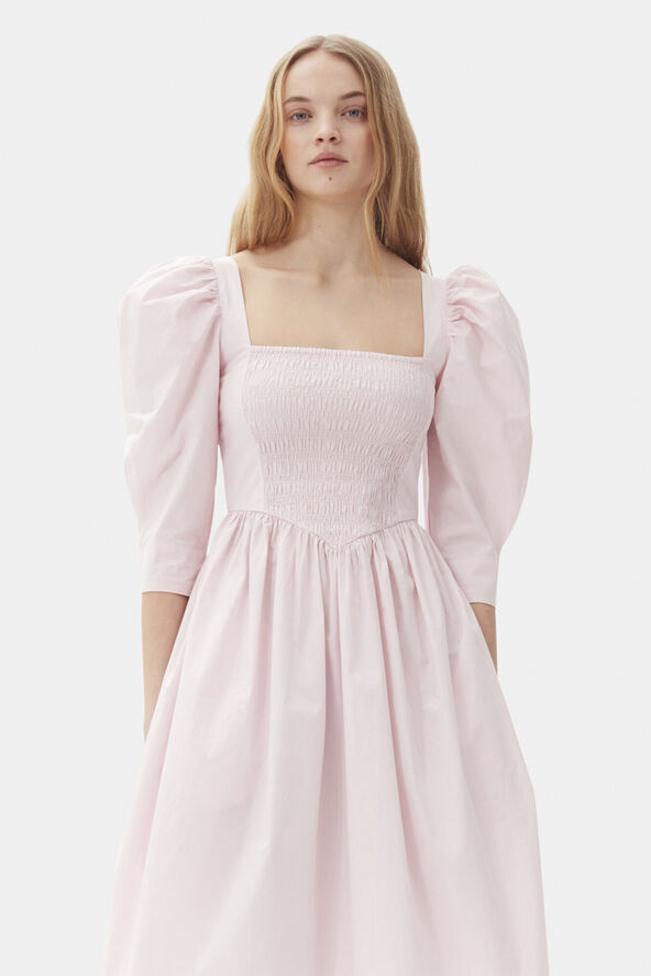 Ganni Cotton Poplin Open Neck Smock Dress Chalk pink