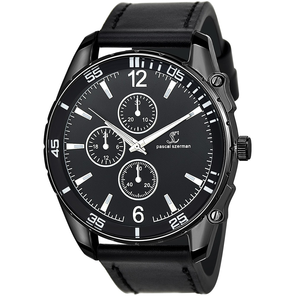 Montre - Laiton & similicuir noir - Homme - 47 mm