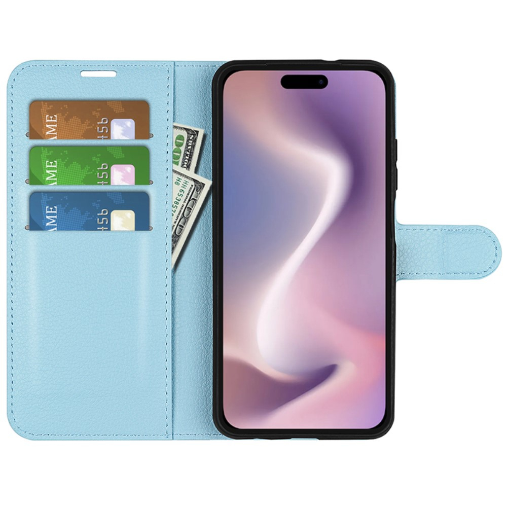 iPhone 16 Pro Max Leder Tasche Flip Cover Litchi Look - Blau