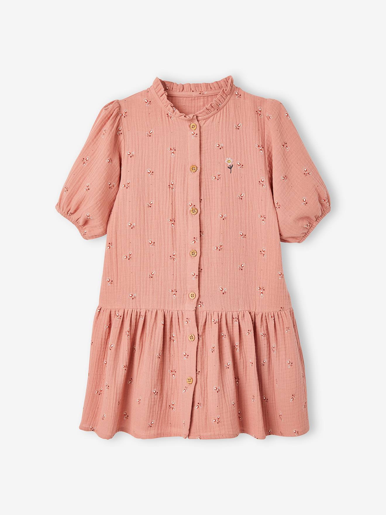 Vestido rosa de chiffon de algodão com botões e mangas 3/4 para meninas