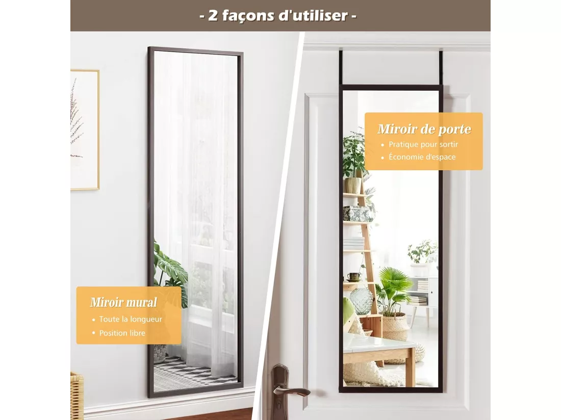 Miroir à suspendre sur porte avec crochets de suspension réglables, 36,5 x 107 cm (brun)