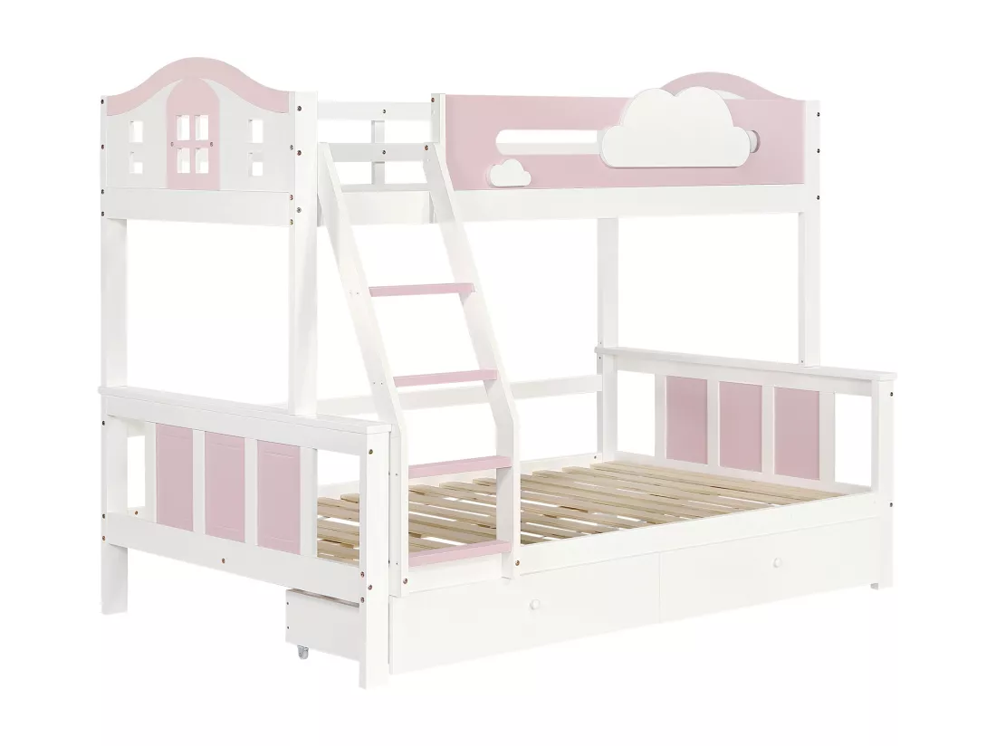Lit superposé 90x200cm & 120x200cm - avec échelle et 2 tiroirs - en bois de pin et MDF - Blanc & Rose