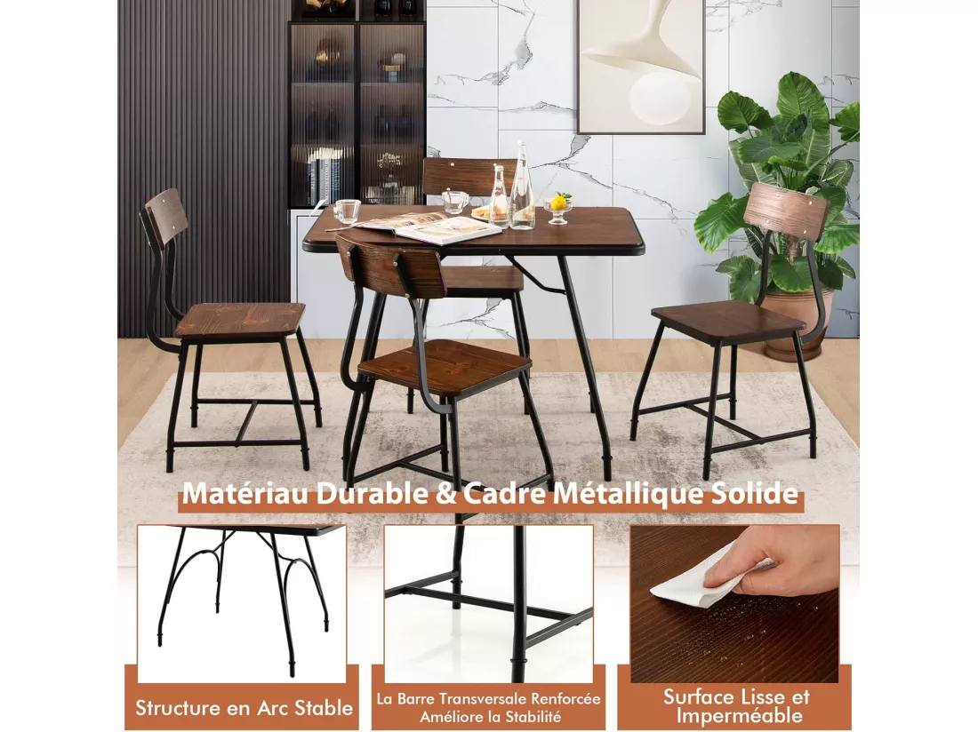 Ensemble de Table à Manger 5 Pièces, Table de Cuisine Rectangulaire et 4 Chaises pour 4 Personnes, avec Structure en Métal, pour Cuisine, Coin Repas, Restaurant, Marron (1 Table+4 Chaises)