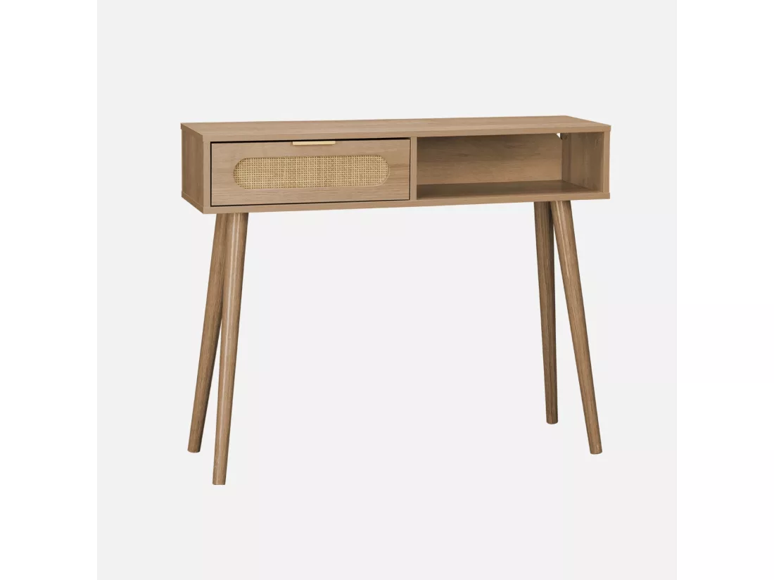 Console décor bois et cannage arrondi . Eva. 1 tiroir. 1 niche. pieds scandinaves. L 100 x l 29 x H 81cm