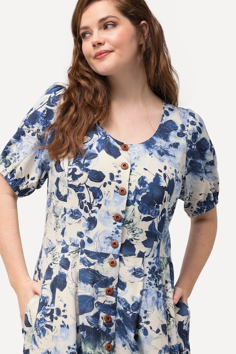 Kleid, Leinenmix, Knopfleiste, Rundhals, Halbarm