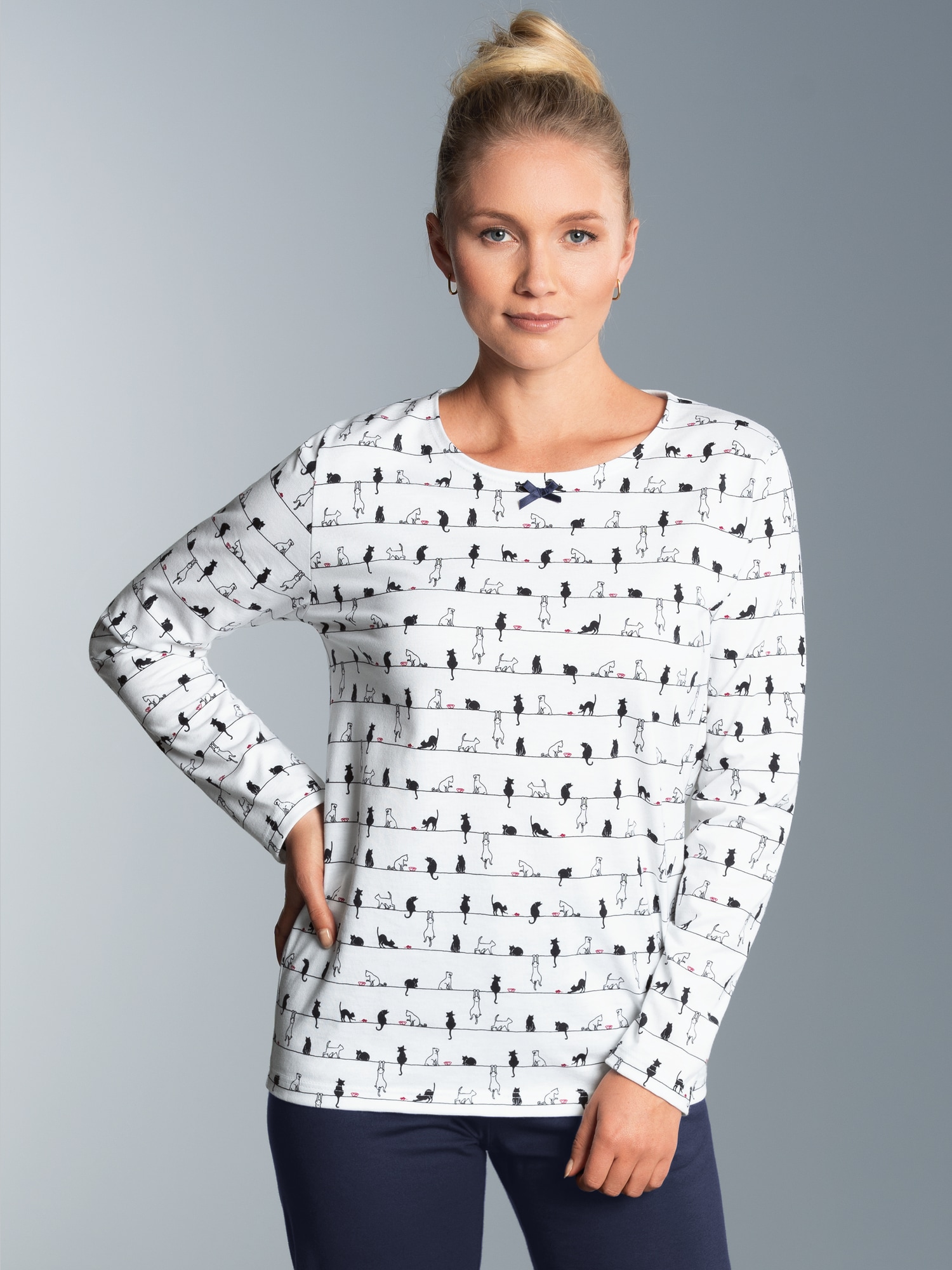 Langarmshirt mit Katzenmotiv Weiss