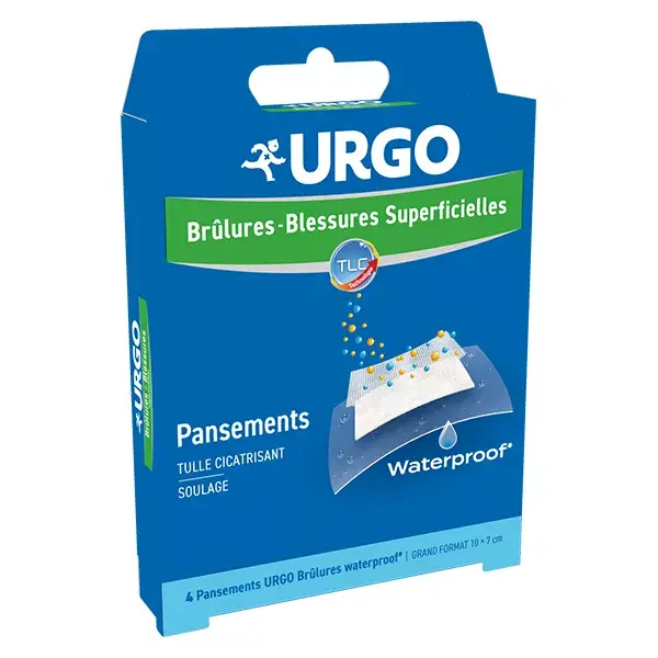 Curativos impermeáveis Urgo First Aid para queimaduras e feridas superficiais, 10 x 7 cm, 4 unidades.