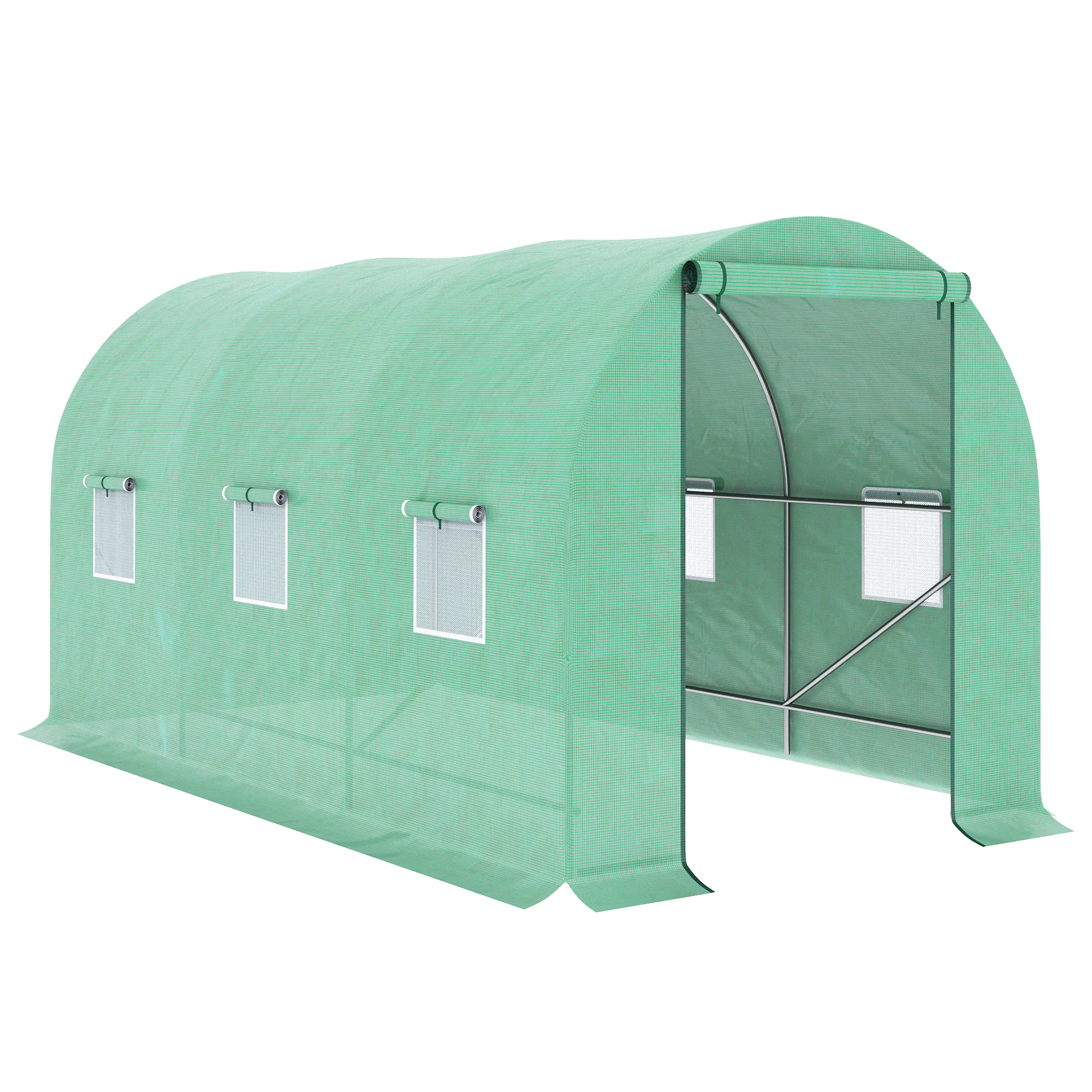 Estufa Túnel Outsunny 400x200x200 cm para Jardim com Porta de Enrolar e Múltiplas Janelas, Cobertura em PE 140 g/m² com Proteção UV, Estrutura Metálica para Cultivo de Plantas e Hortaliças (Verde)