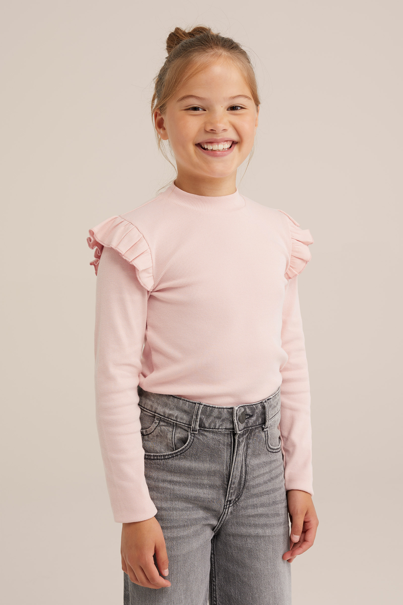 Meisjes geribd T-shirt met ruches WE Fashion Lichtroze