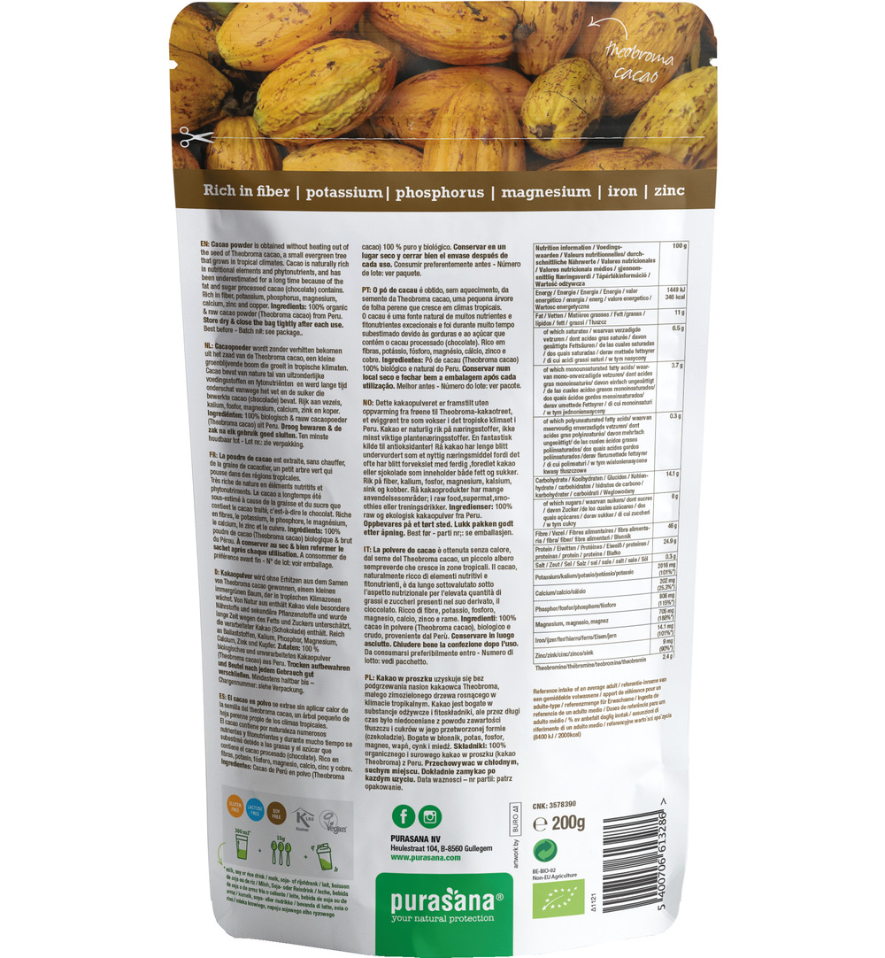 Purasana Cacao Poeder/Poudre Vegan Bio (200 gr)