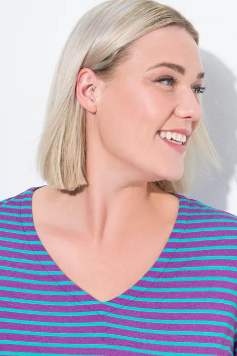 Funktions-Shirt, Ringel, Classic, V-Ausschnitt, Halbarm, brombeere