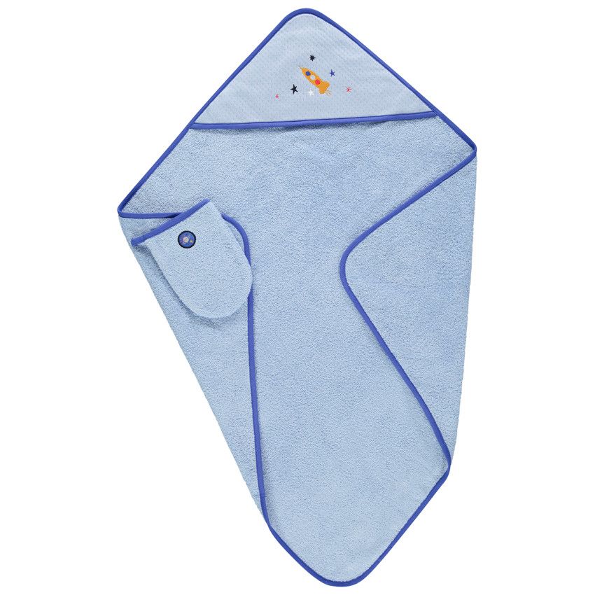 Set de bain en éponge à fusée et étoiles brodées - Bleu