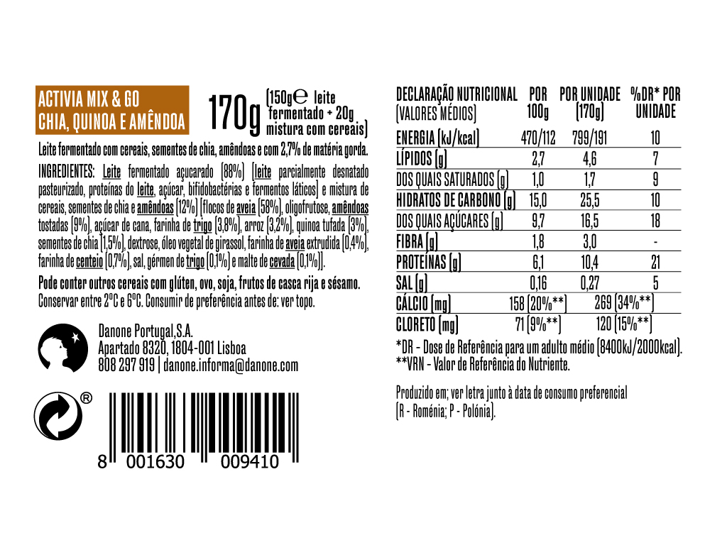 IOGURTE BIFIDUS ACTIVIA TOPPER CHIA AMÊNDOA 170G