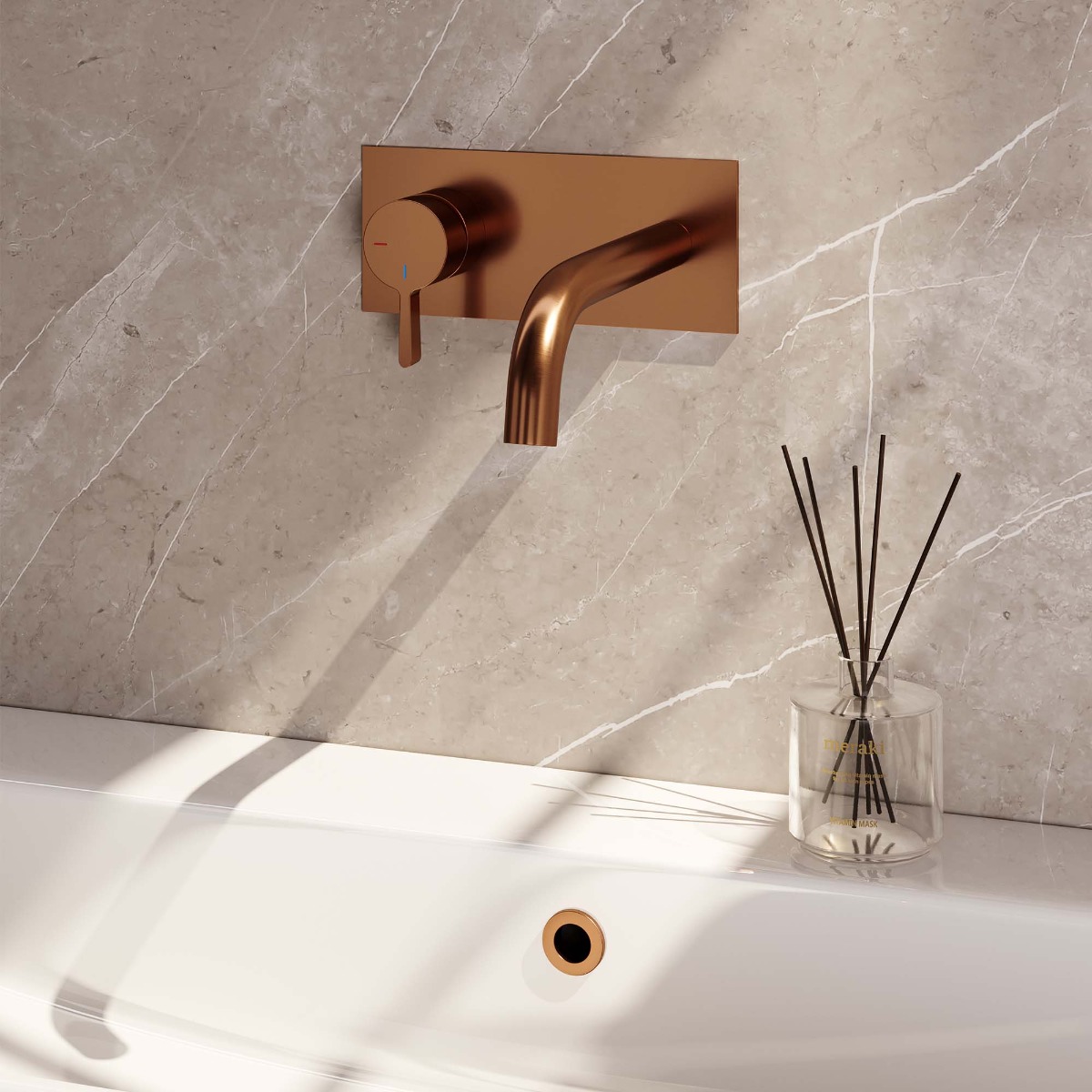 Brauer Copper Edition ColdStart wastafelkraan inbouw gebogen uitloop met achterplaat model E2 koper geborsteld PVD