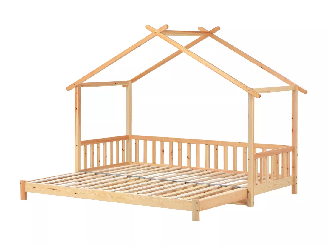 Lit gigogne - lit cabane pour enfant 90(180)x200cm en bois massif - Naturel