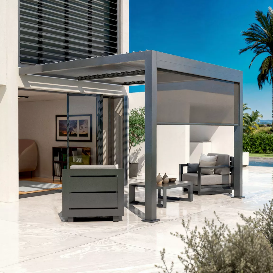 Pergola bioclimatique Adossée motorisée aluminium et LED(3 x 3 m) Gris anthracite
