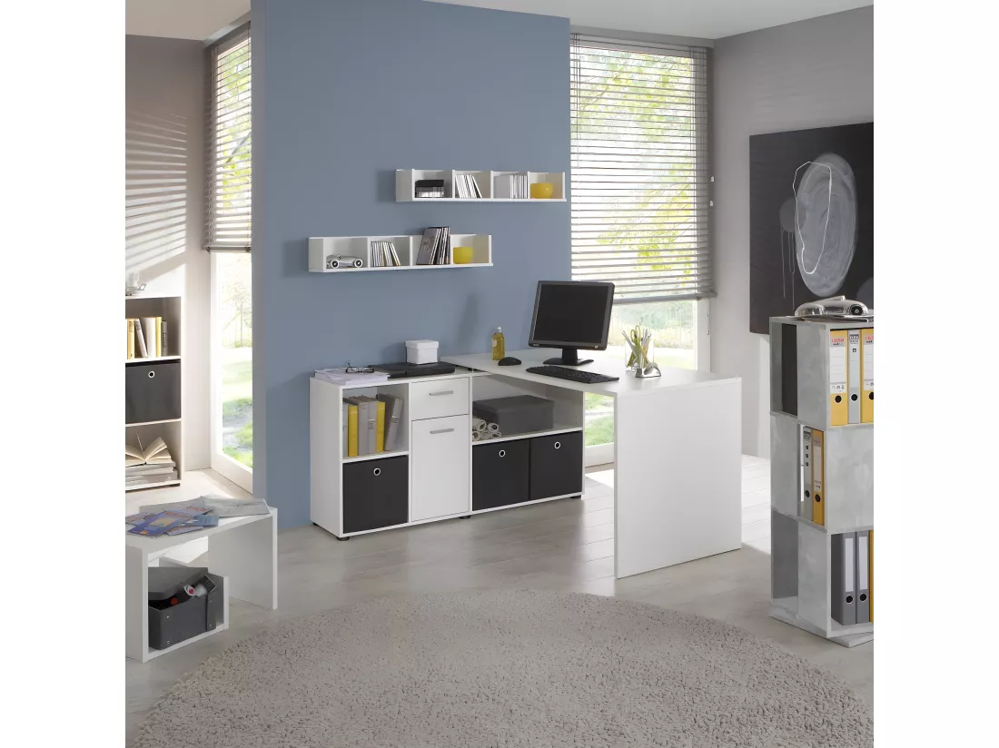 Bureau d'Angle Modulable avec Caisson, Tiroir et Étagères de Rangements - Lex