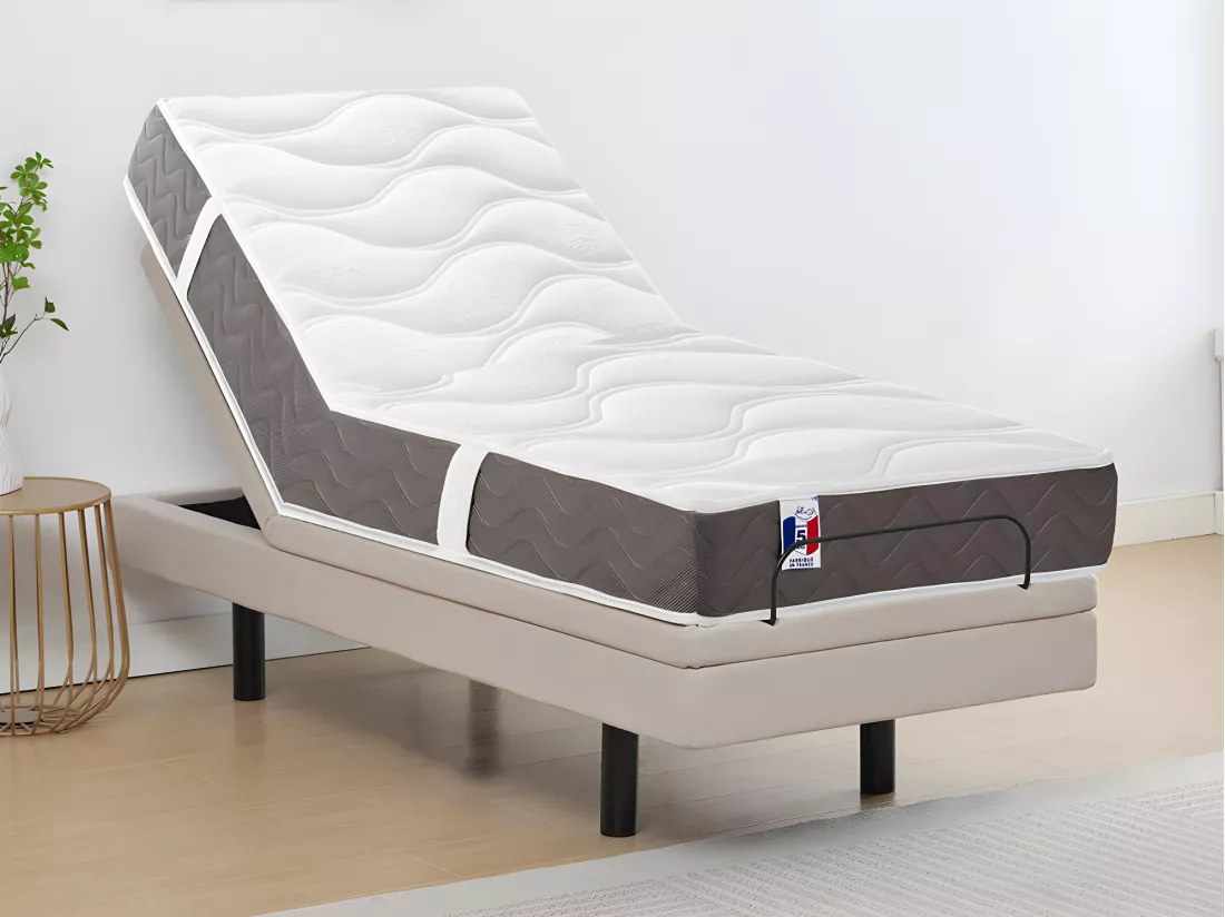 Lit électrique de relaxation déco + matelas 100% latex 3 zones - 90 x 200 cm - Tissu - Beige - PANISOLA de YSMÉE