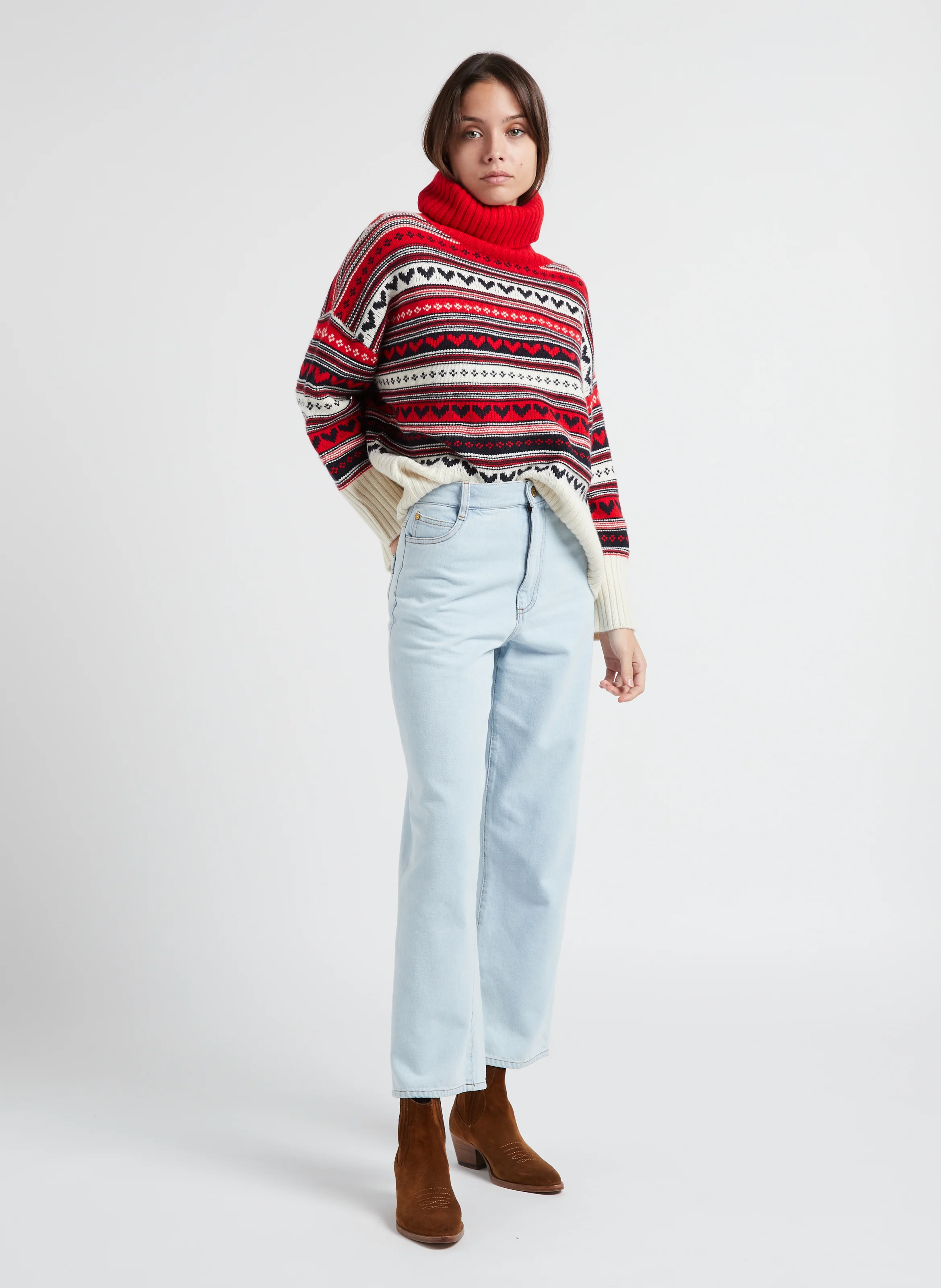 LOULOU - Pull col roulé imprimé en cachemire| Rouge