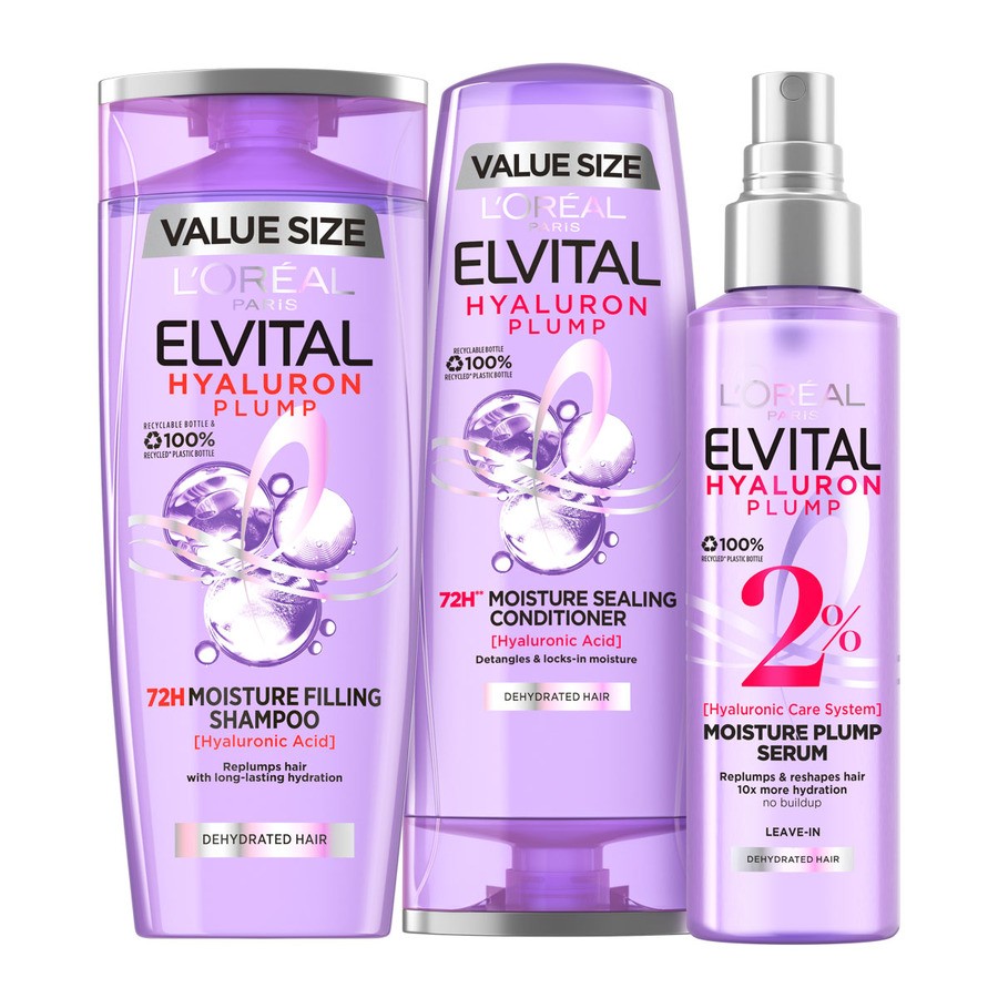 L'Oréal Paris Elvital Hyaluron Plump Leave-in Spray 150ml + Shampoo 400ml + Conditioner 300ml