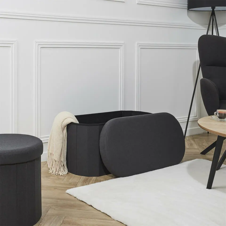 Home Deco - Poef - opbergbox - ovaal - zwart - 76 x 38cm