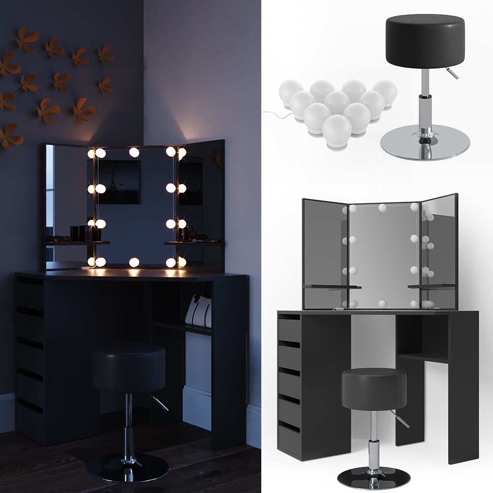 Vicco Schminktisch Arielle Frisiertisch Kommode Frisierkommode Spiegel Schwarz inklusive Hocker und LED-Lichterkette