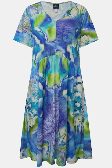 Jerseykleid, Batik-Blüten, V-Ausschnitt, Halbarm