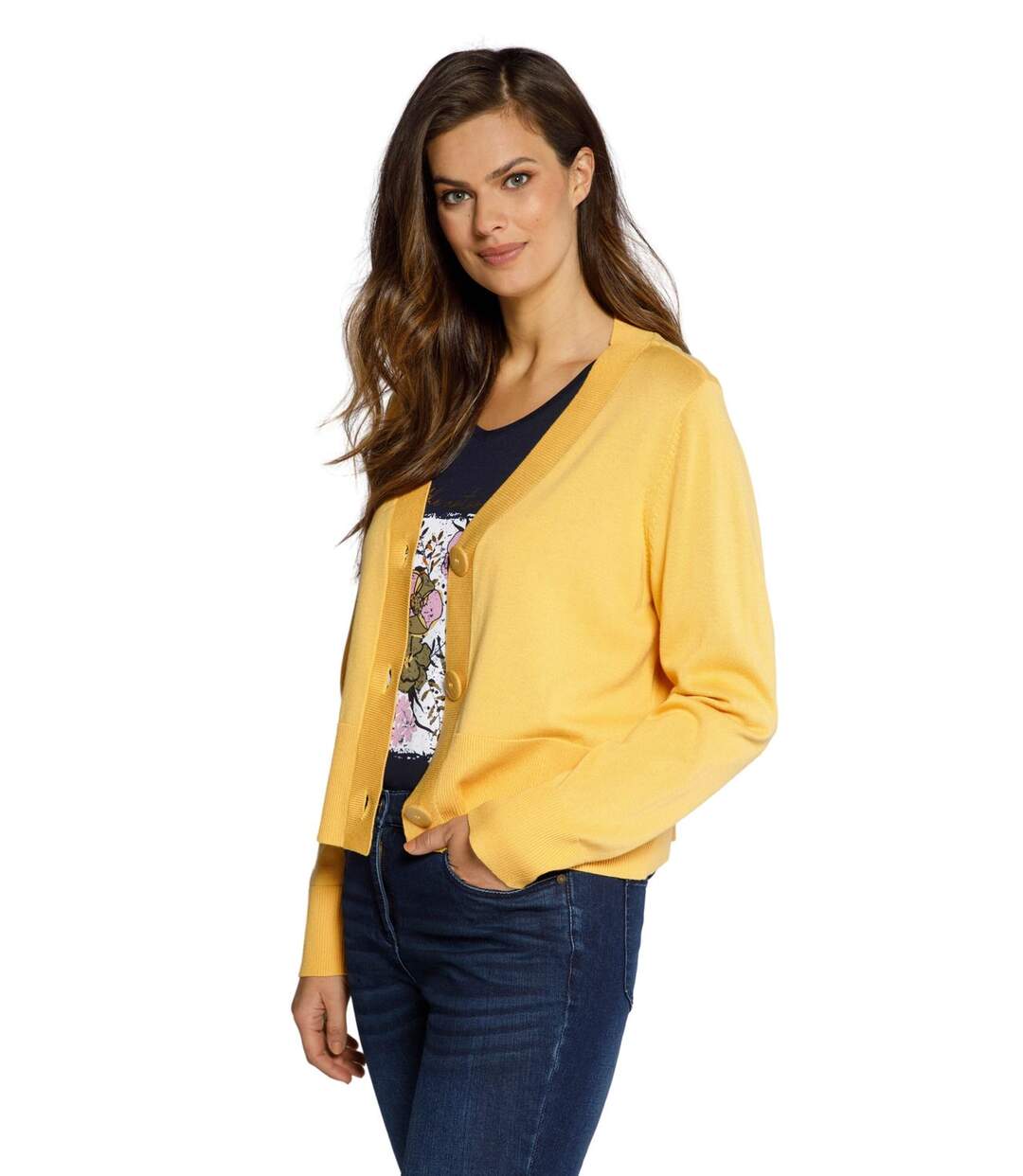 ULLA POPKEN Cardigan col V Boutons aspect bois Tricot fin jaune maïs NEUF