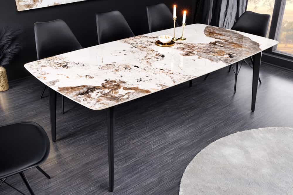Esstisch MILANO 160cm weiß Pandora Keramik schwarzes Metallgestell