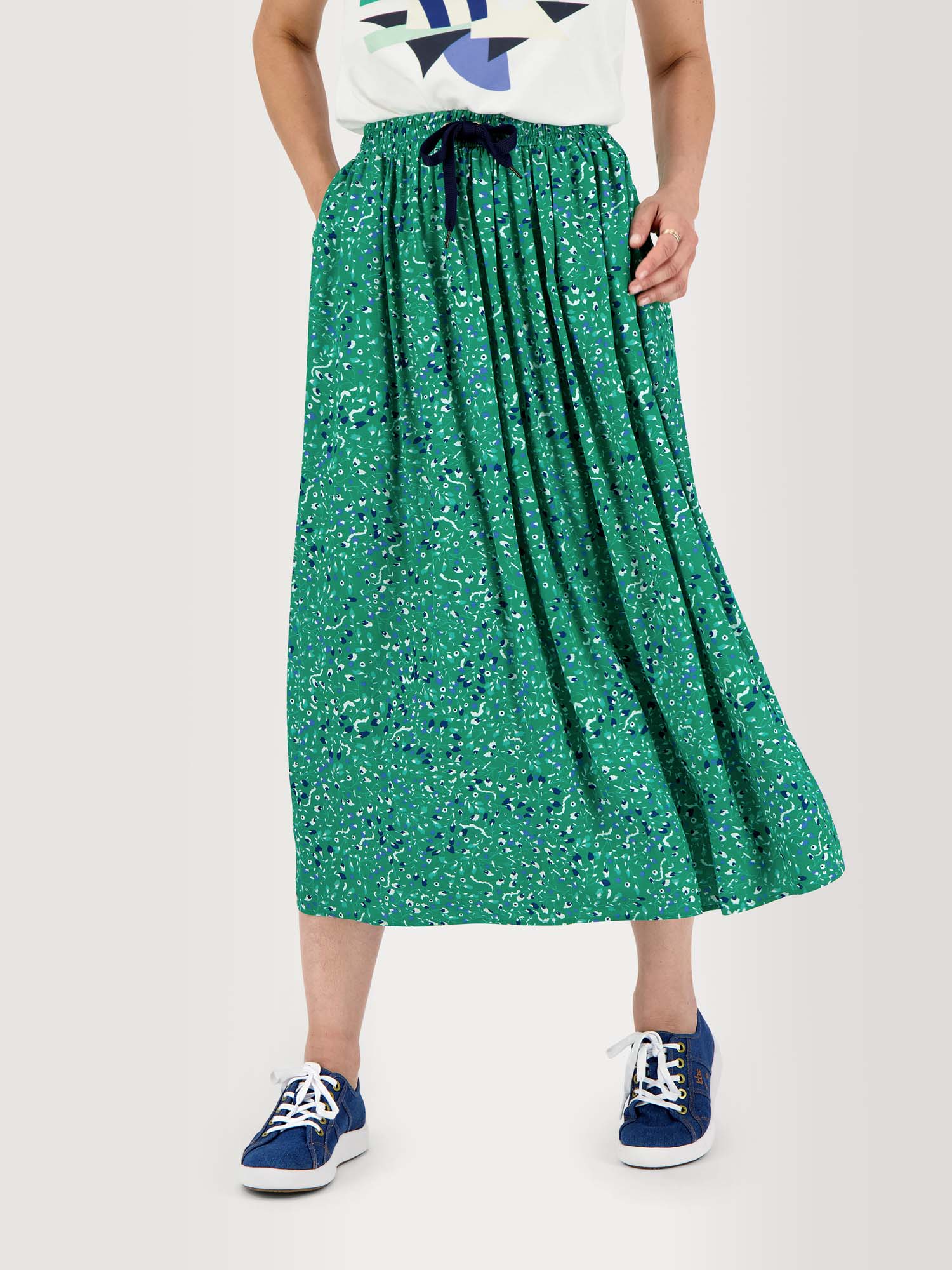 Jupe Midi Femme Ceinture Elastiquée Motif Vert