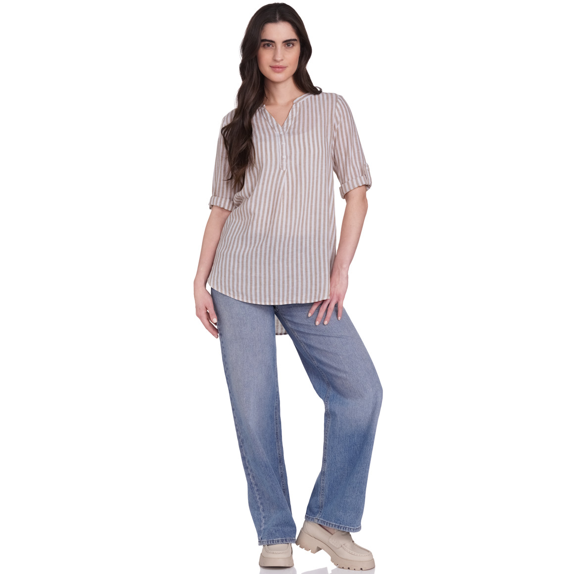 Gina Damen Leinen-Bluse mit Streifen hellbraun / weiss