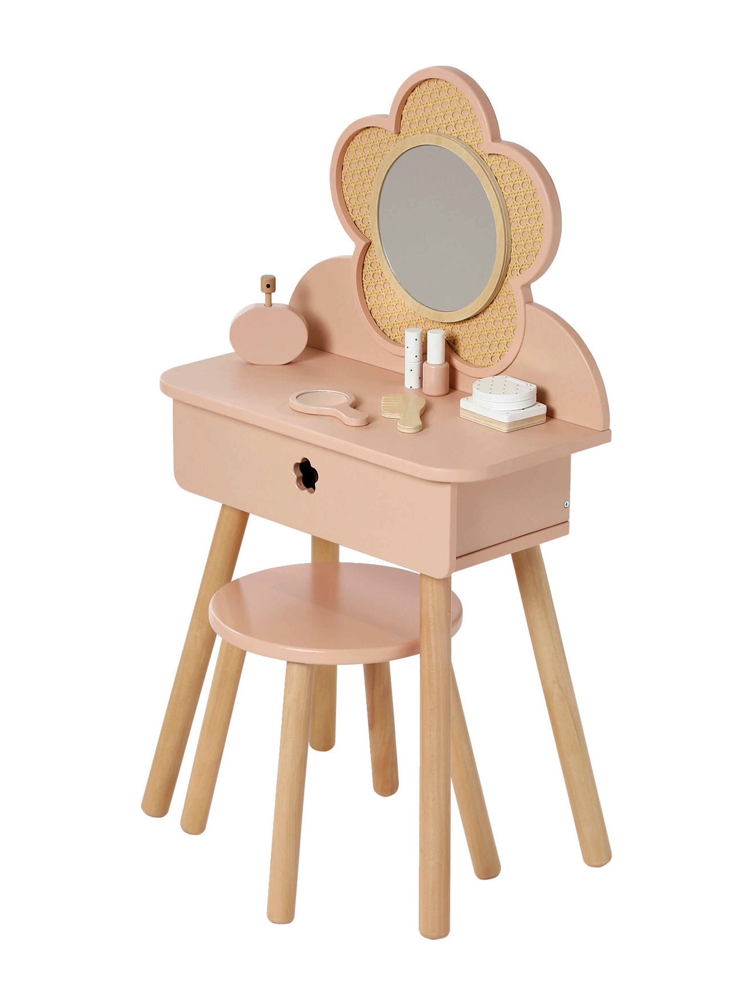 Vertbaudet Kinder Schminktisch mit Zubehör, Holz FSC® und Rattangeflecht rosa