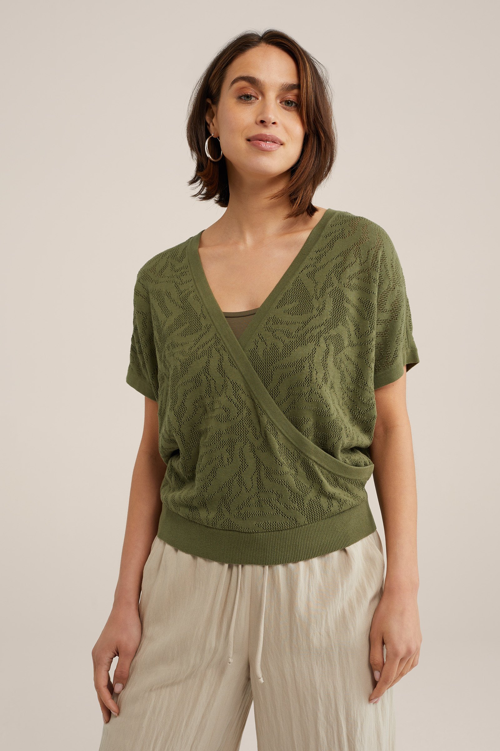 gebreide top met opengewerkt dessin WE Fashion Legergroen