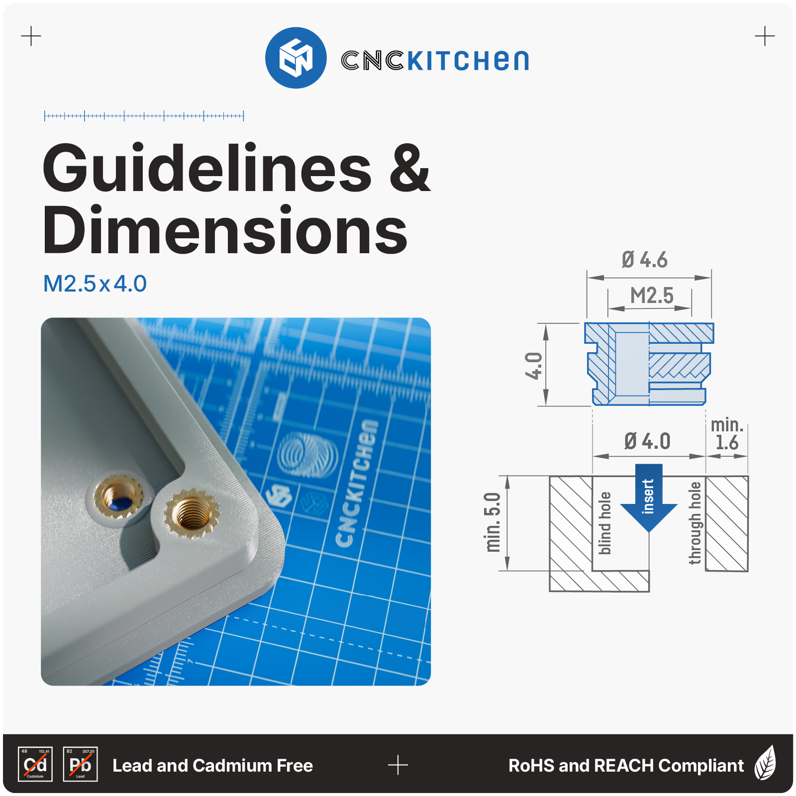 CNC Kitchen  Gewindeeinsatz M2,5 Standard, M2,5x4,0 (100 Stk)    Präzisionsgefräste Inserts aus Messinglegierung