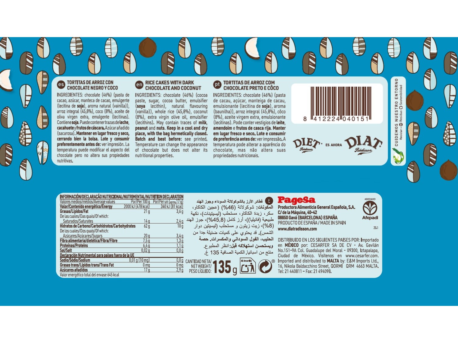 TORTITAS ARROZ DIET RADISSON CHOC NEGRO E COCO 135 G
