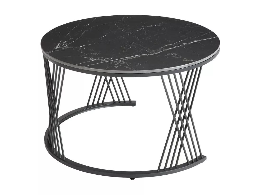 LUZ - Tables Gigogne Plateaux Céramique Marbrés Noir et Blanc Pieds Métal Noir