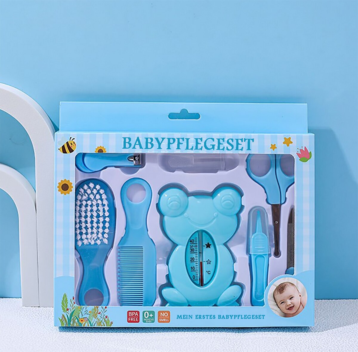TPFBeauty Babypflege-Set 8-teilig mit Badewannen-Thermometer, Blau