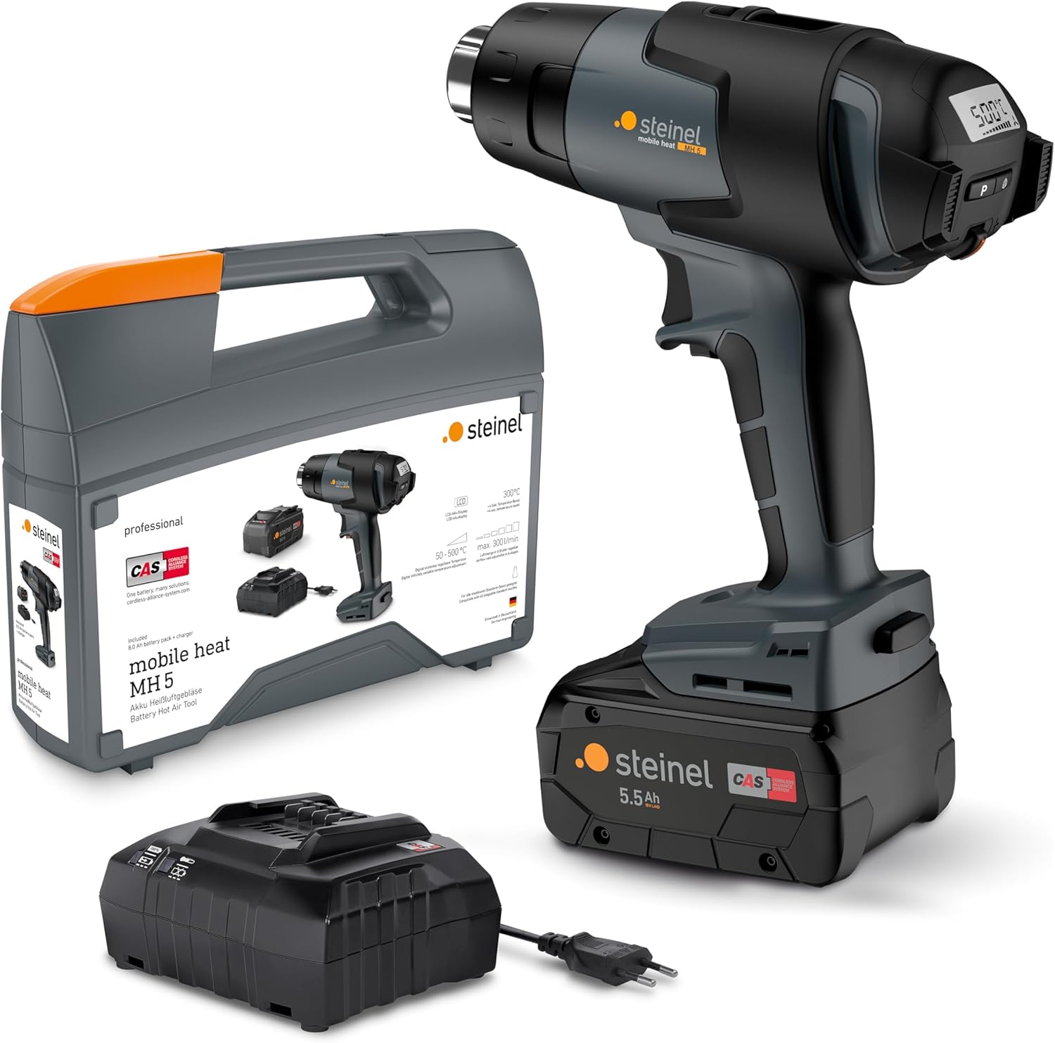 Steinel Akku Heißluftpistole MobileHeat MH5, inkl. Metabo 5.5 Ah CAS 18 V Akku, kabelloses Profi-Heißluftgebläse im Koffer, 4 Sek. Aufheizzeit, 50-500 °C, 300 l/min