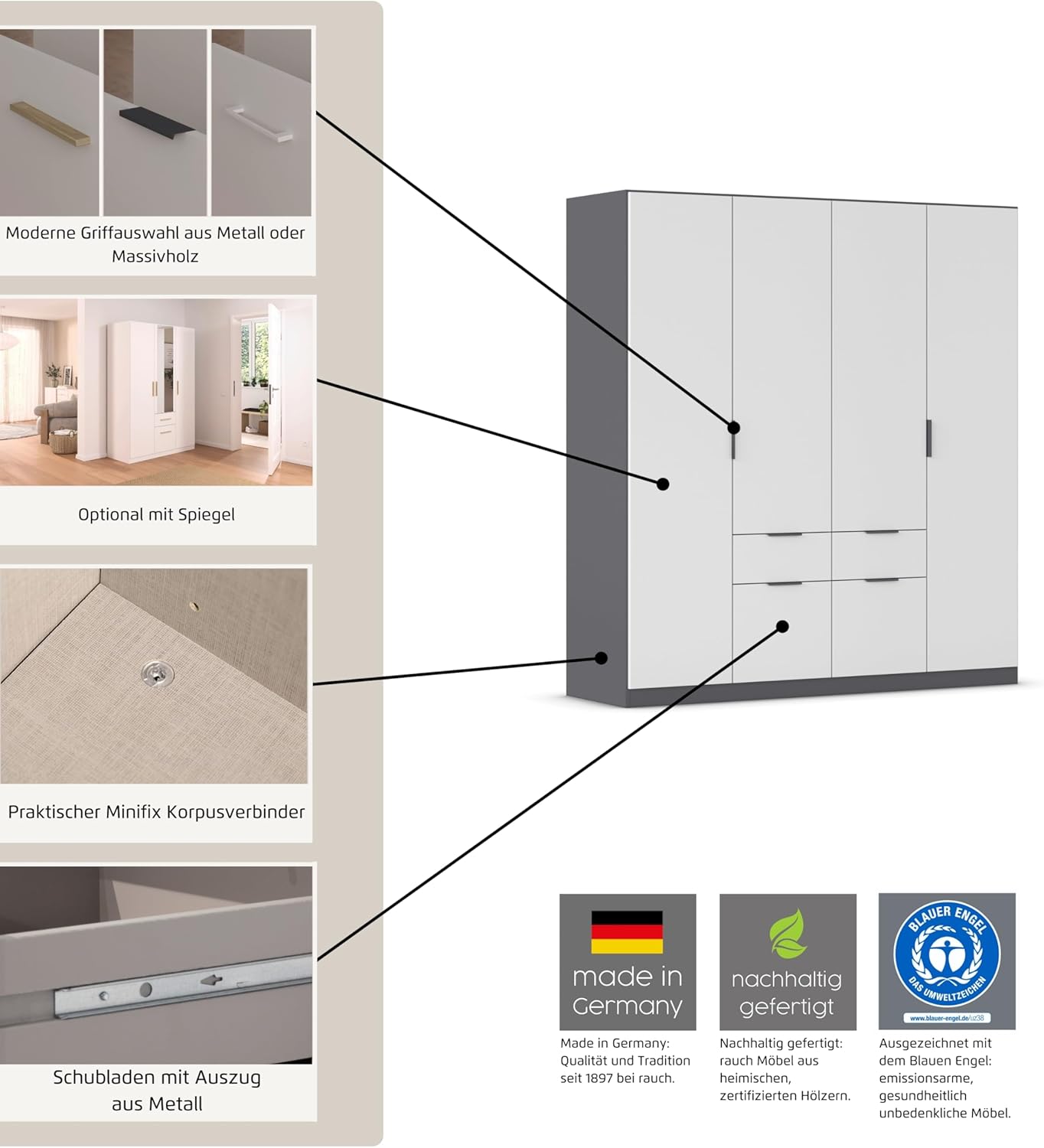Rauch Möbel Glasgow Drehtürenschrank, Kleiderschrank, Schrank, Garderobe 3-türig, 2 Schubladen, Farbe Weiß, Griffprofil Weiß, 136x197x54cm