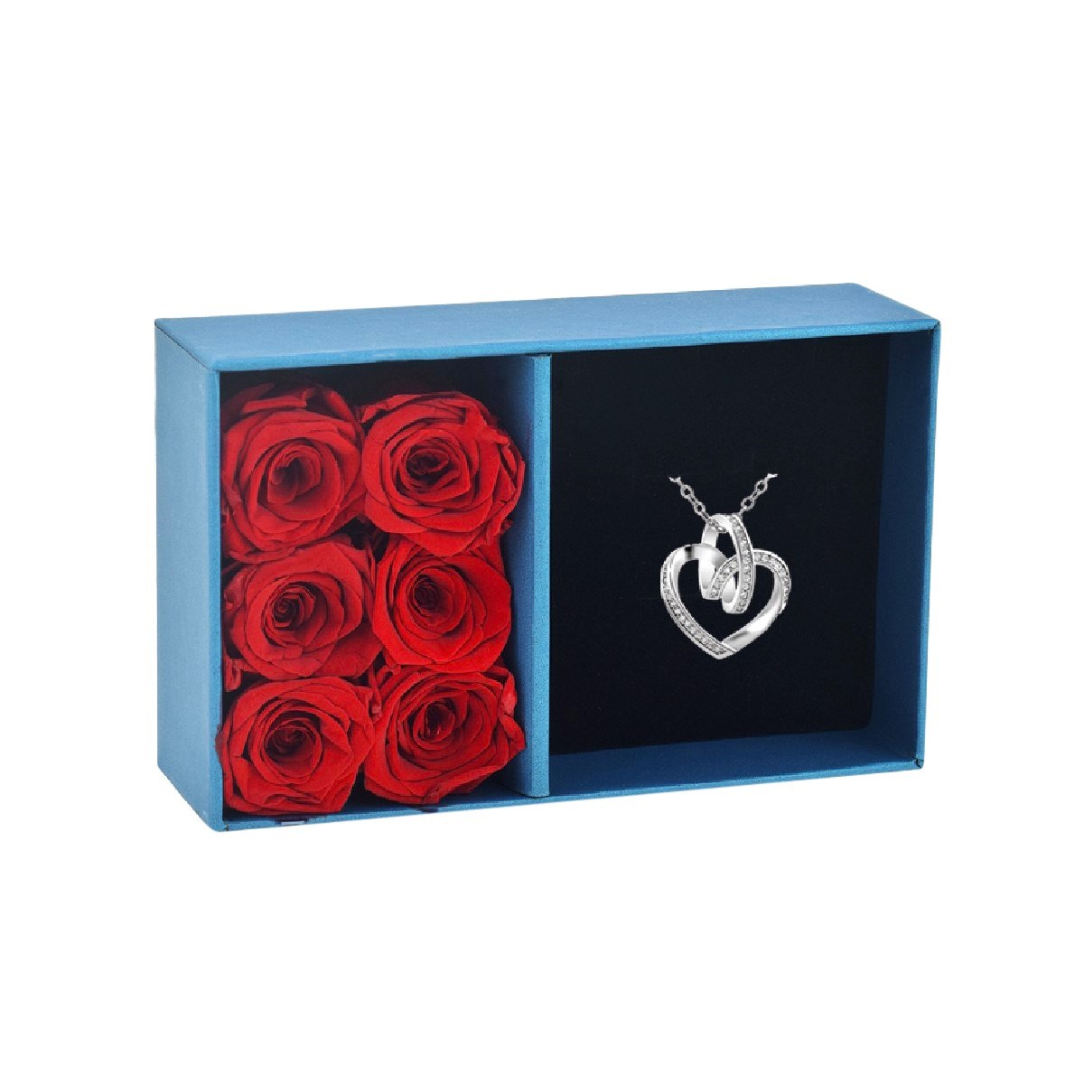 Ecrin à bijou collier coeur et 6 roses éternelles rouge