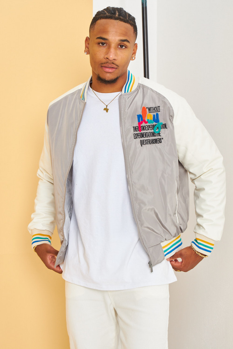 Bomber bi-matière gris à inscription