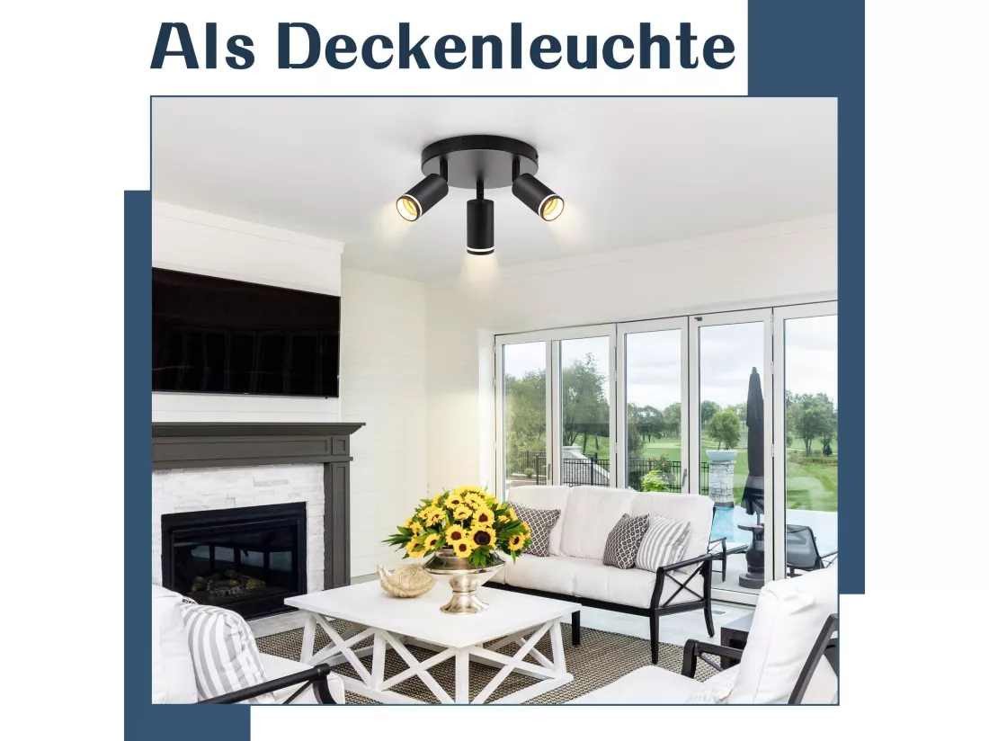 NETTLIFE Plafonnier noir moderne : 3 spots de plafond orientables en métal, plafonnier GU10, pour chambre, salle à manger, sans ampoule