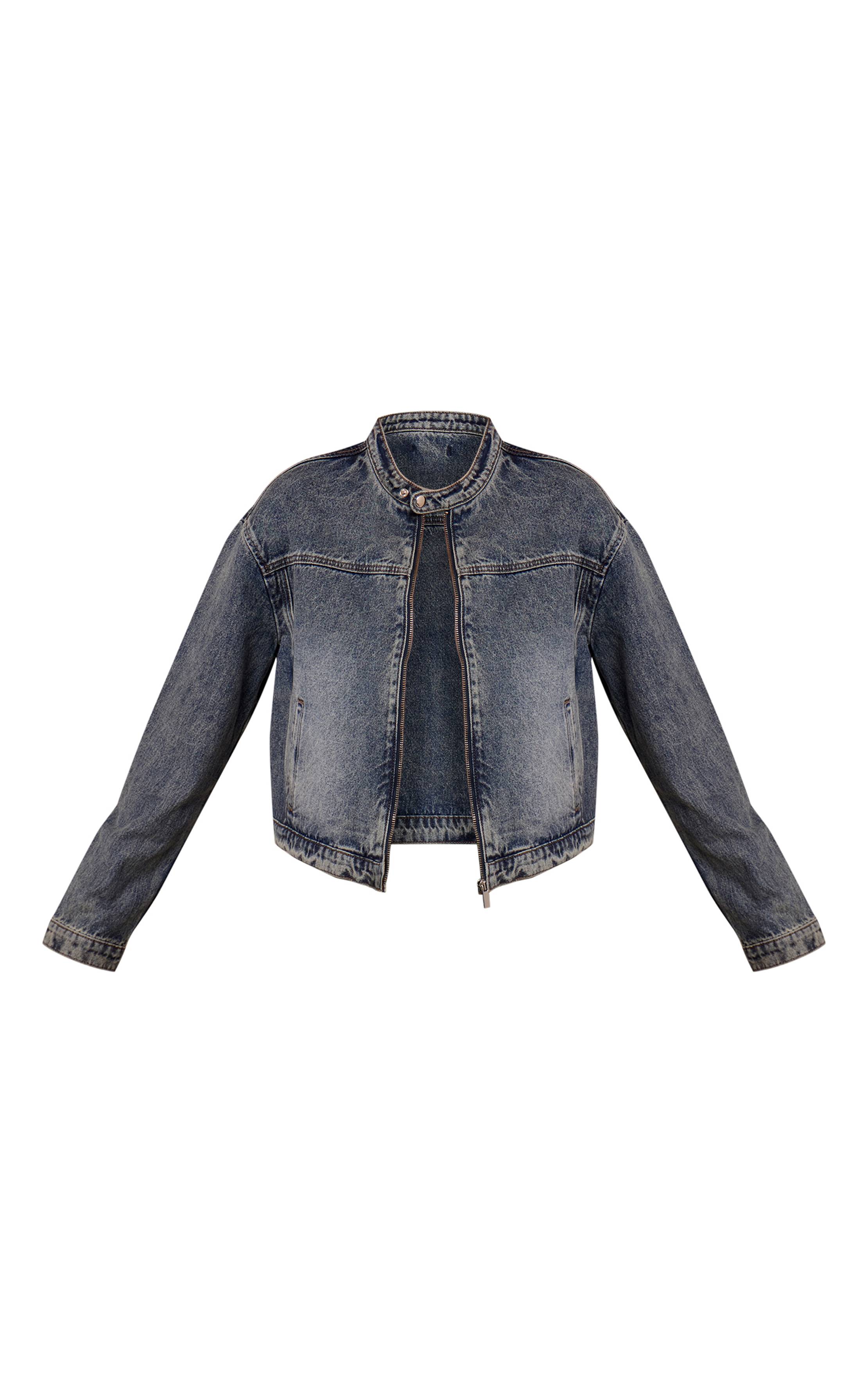 Délavage Vintage Veste En Denim Ample À Col Motard