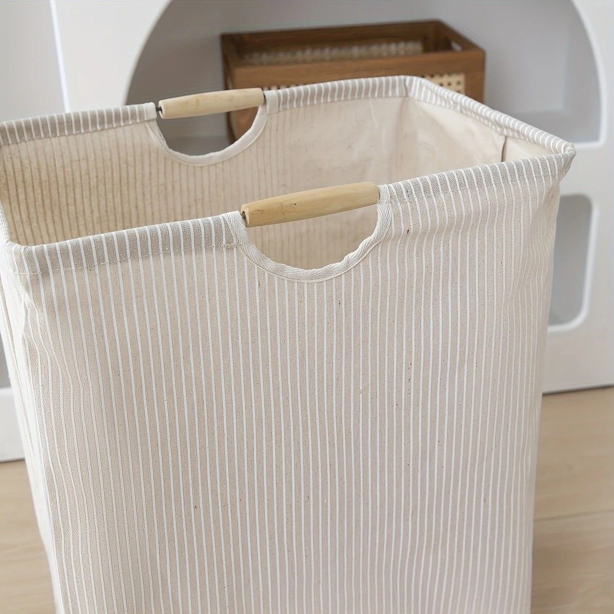 (50x40cm) Faltbarer Stoff Wäschekorb Deko Aufbewahrungskorb Spielzeug Organizer mit Holz Tragegriffen - Beige / Weiss