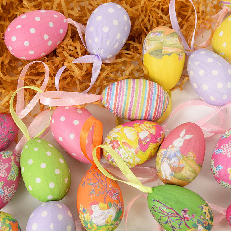 (12er Set) Ostereier Dekoration mit Aufhängeband Accessoire für Ostern - Bunt