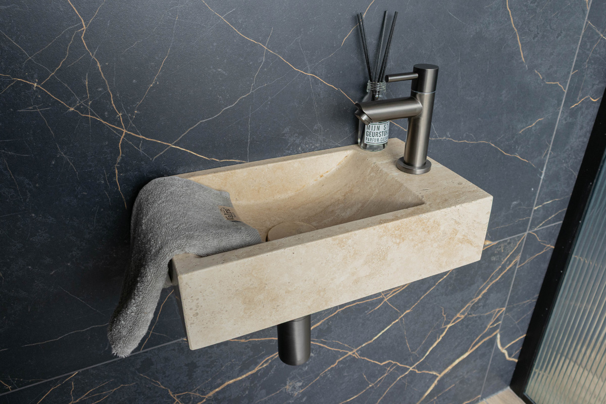 Saniclear White Travertin fonteinset met rechte kraan in gunmetal