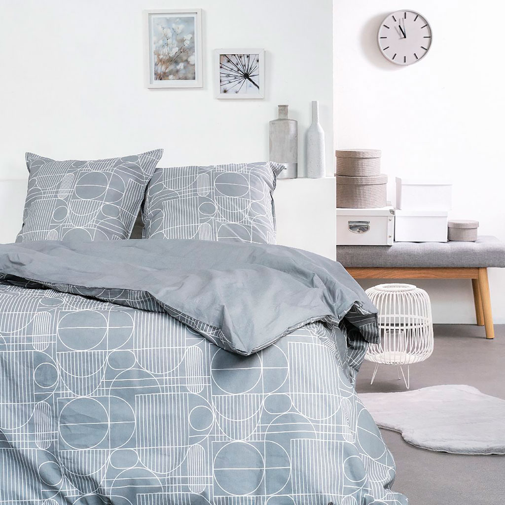 Parure de lit coton motif circulaires gris 220x240cm