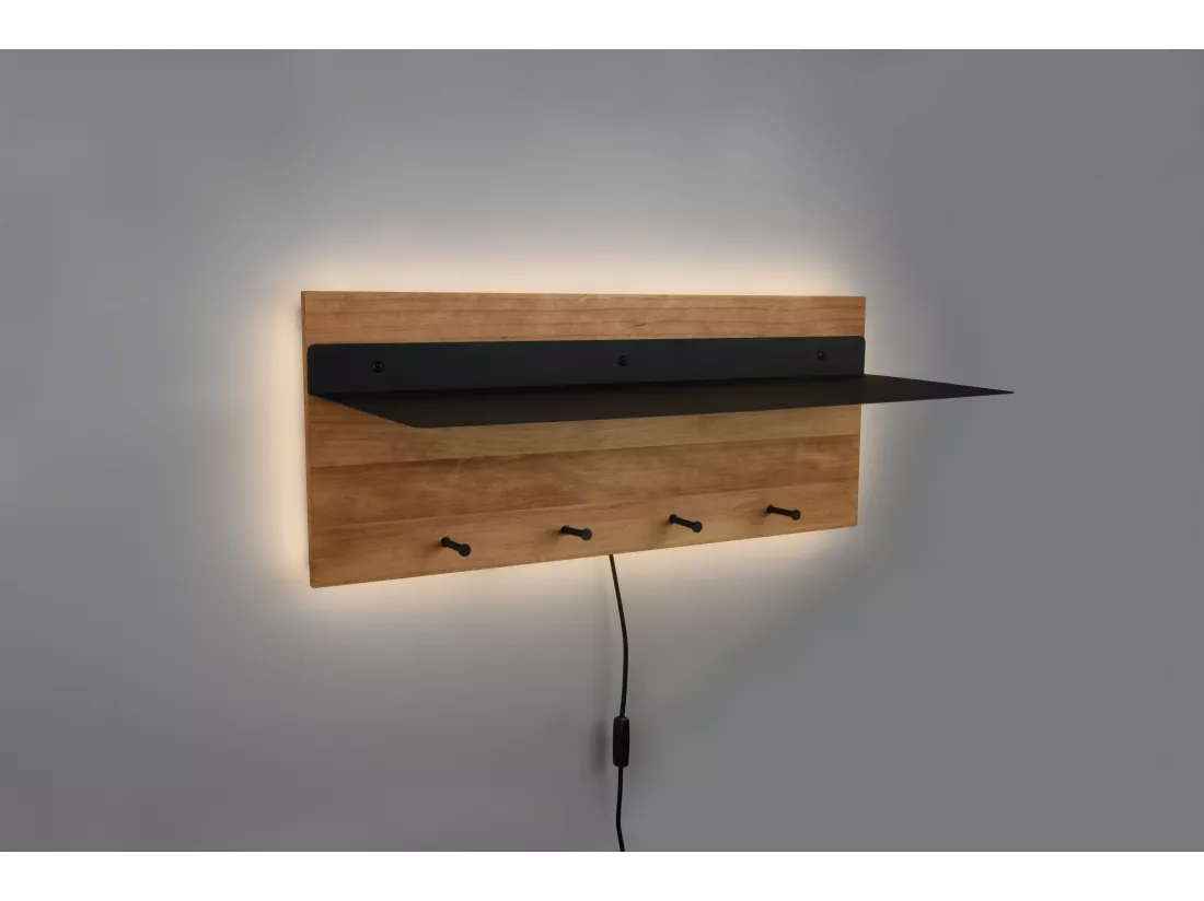 Samantha - Panneau d´accrochage mural avec crochets et bande LED - Naturel/Noir - 75x30x29,2cm