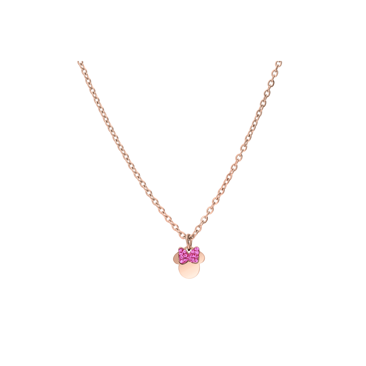 Stalen roseplated ketting Minni Mouse met roze kristal strik